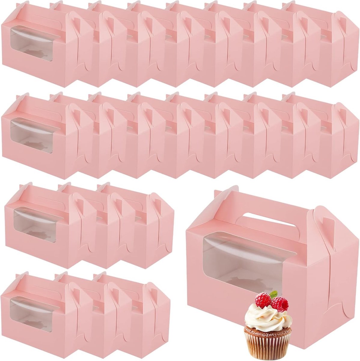 60 Stuks Roze Cupcake Dozen met Handvat en Venster voor Kleine Taarten, Cupcakes en Koekjes 16 x 9 x 9 cm