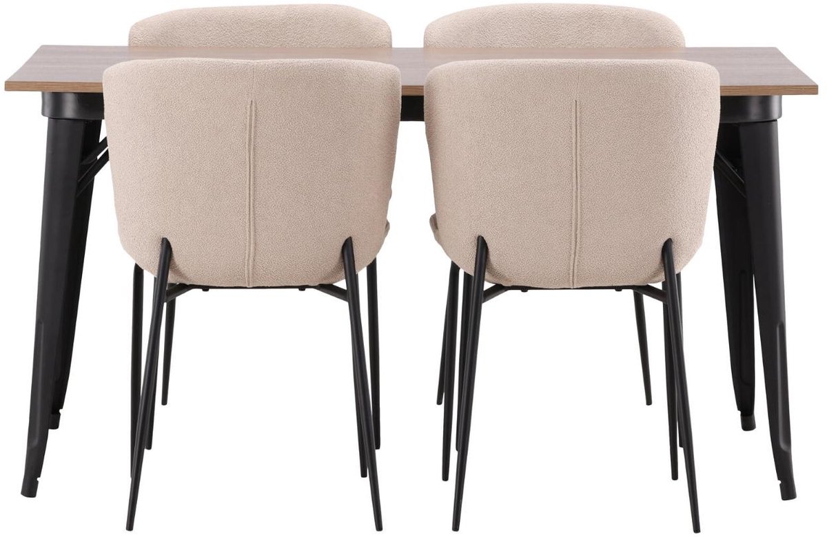 Tempe eethoek eettafel walnootdecor 4 stoelen bouclé bruin.