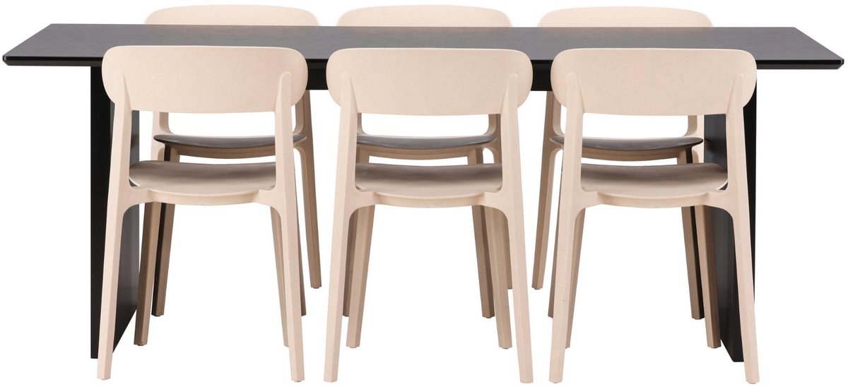 Vail eethoek eettafel zwart 6 stoelen kunststof beige.