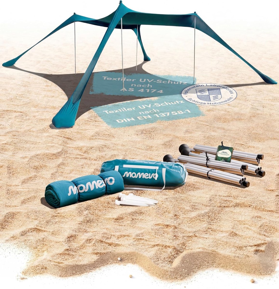 Sunsail Grote Familie Strandtent - UPF50+ Zonbescherming - Winddicht - 6x6 Meter - Tot 6 Personen - Petrol Blauw