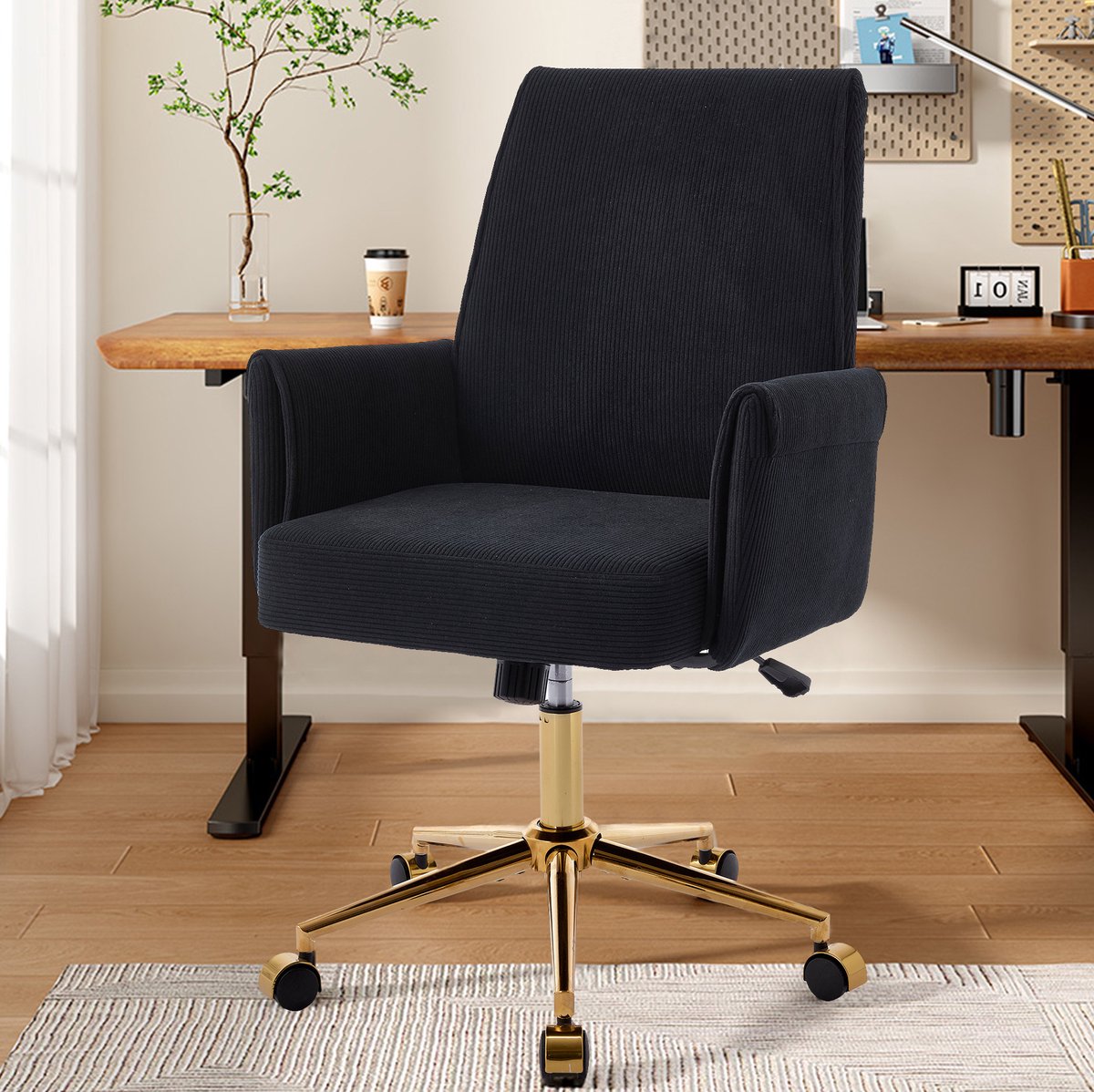 DESMIU Bureaustoel 63 x 65 x 94-99 cm - In Hoogte Verstelbaar Met Vaste Armleuningen En Wielen - Voor Werk En Studie - Ribstof Zwart