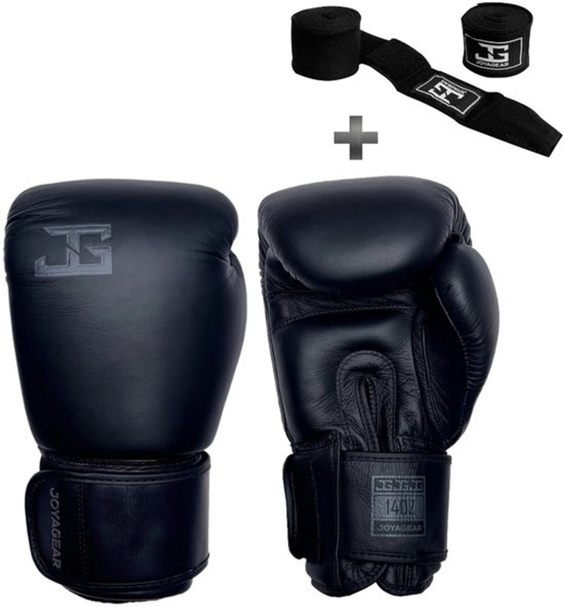 Joyagear "Thai" Bokshandschoenen - 16 oz – Zwart/Zwart – Leren Kickbokshandschoenen & Bokshandschoenen – Ventilatie & Hoogwaardige Padding– Inclusief Bandage