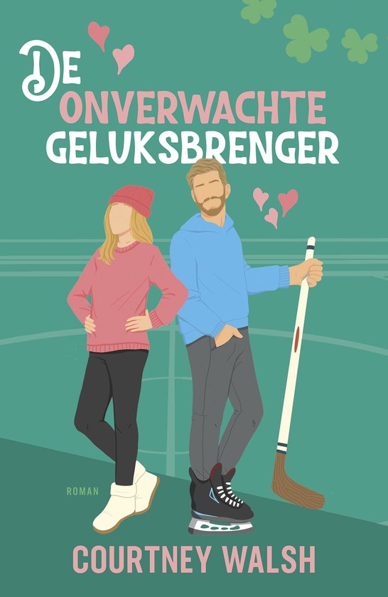 Boekcover van 'De onverwachte geluksbrenger' met een vrouw in roze trui en muts en een man in blauwe hoodie, met een curling stok.
