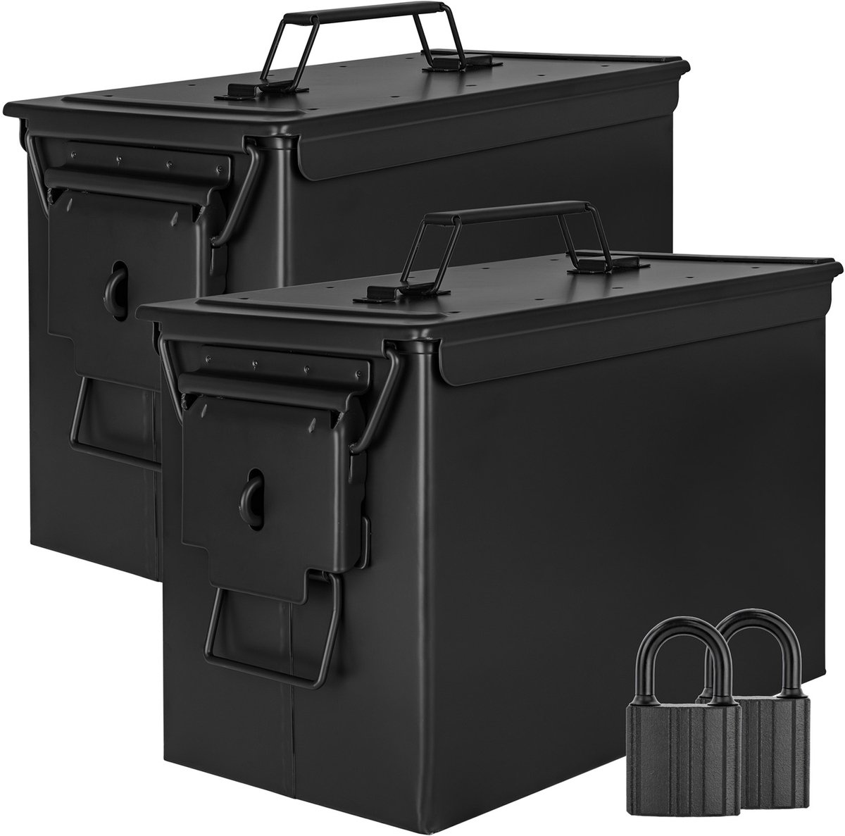 Trucky 2-delige set: Munitiekist met slot – Metalen kist / Opbergdoos met deksel – 33 x 19 x 23 cm – Legerzwart metaal
