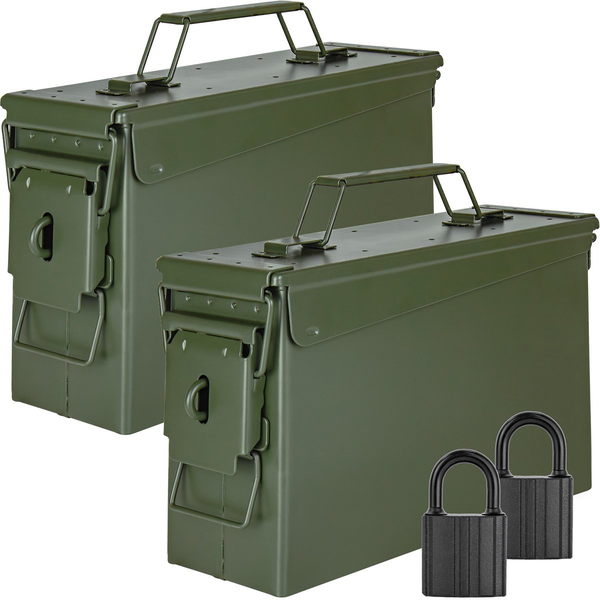 Trucky Set van 2 munitiekisten met slot – Metalen opbergkisten met deksel – 28 x 10 x 18 cm – Legergroen metaal