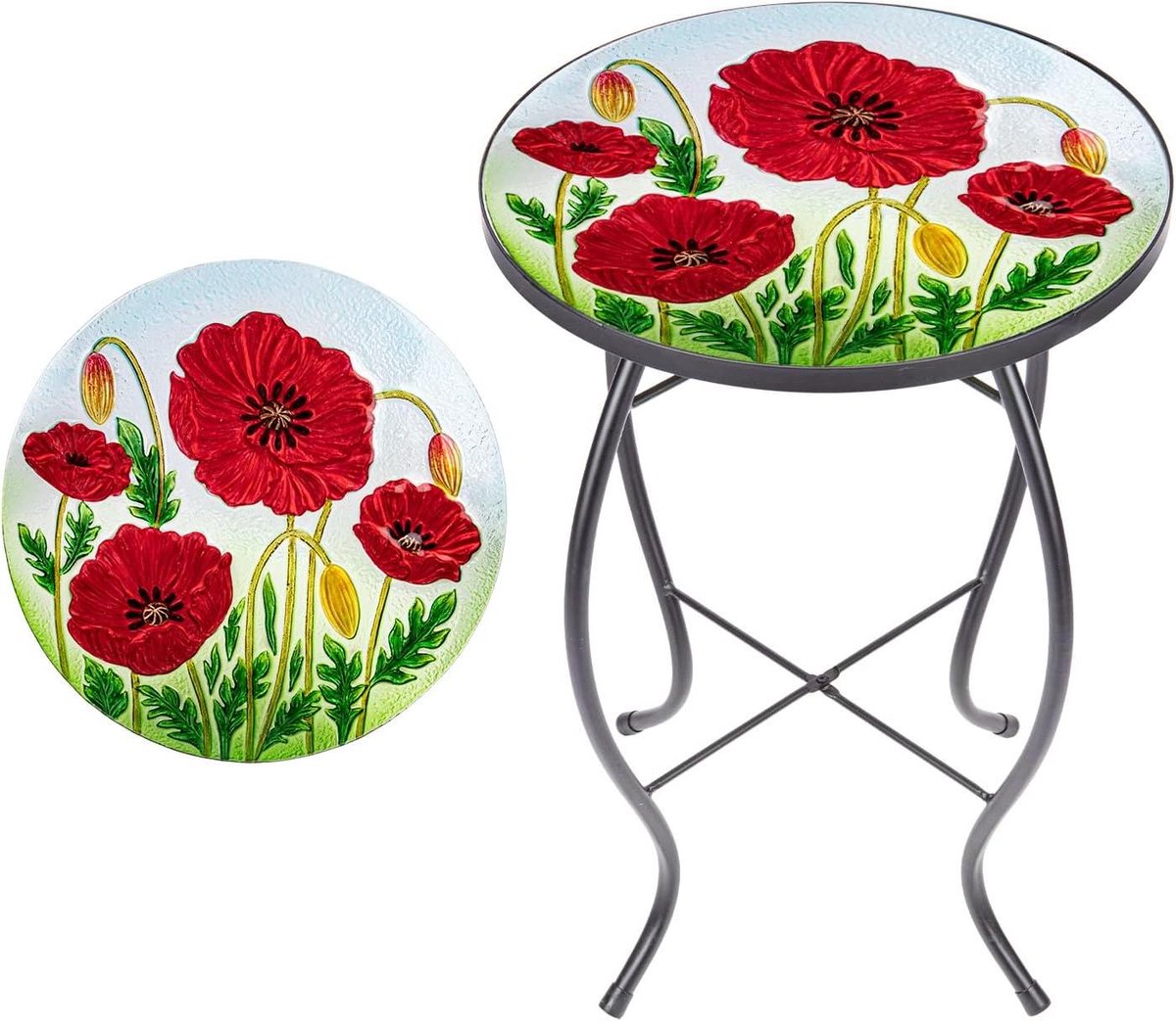 Mozaïek bijzettafel - Terrastafel plantenstandaard - Buiten genieten - Handgeschilderd papaver patroon - 36 cm diameter - Rood