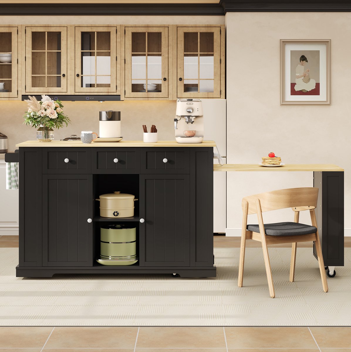 OKWISH Keukeneiland - Uitschuifbare Eettafel Met Stopcontacten En Usb - Opbergruimte Op Wielen Voor Keuken - MDF Zwart En Naturel - 138x55x93 cm