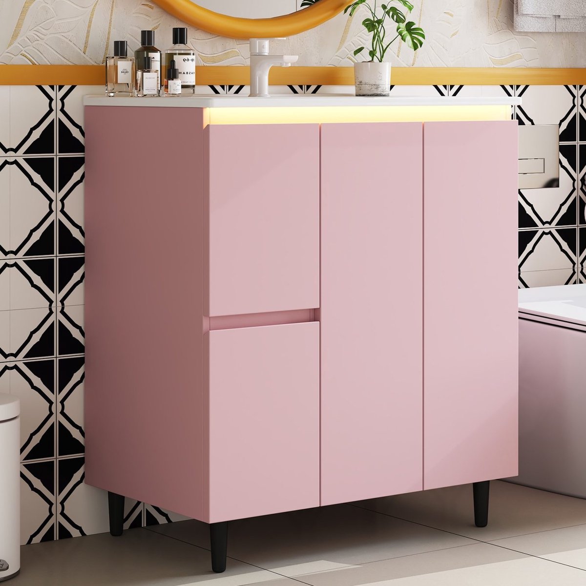 OKWISH Badkamerwasmeubel - Vrijstaand Met Geintegreerde Keramische Wastafel En Sensorverlichting - Voor Moderne Badkamer - MDF Roze - 76 x 47 x 89 cm