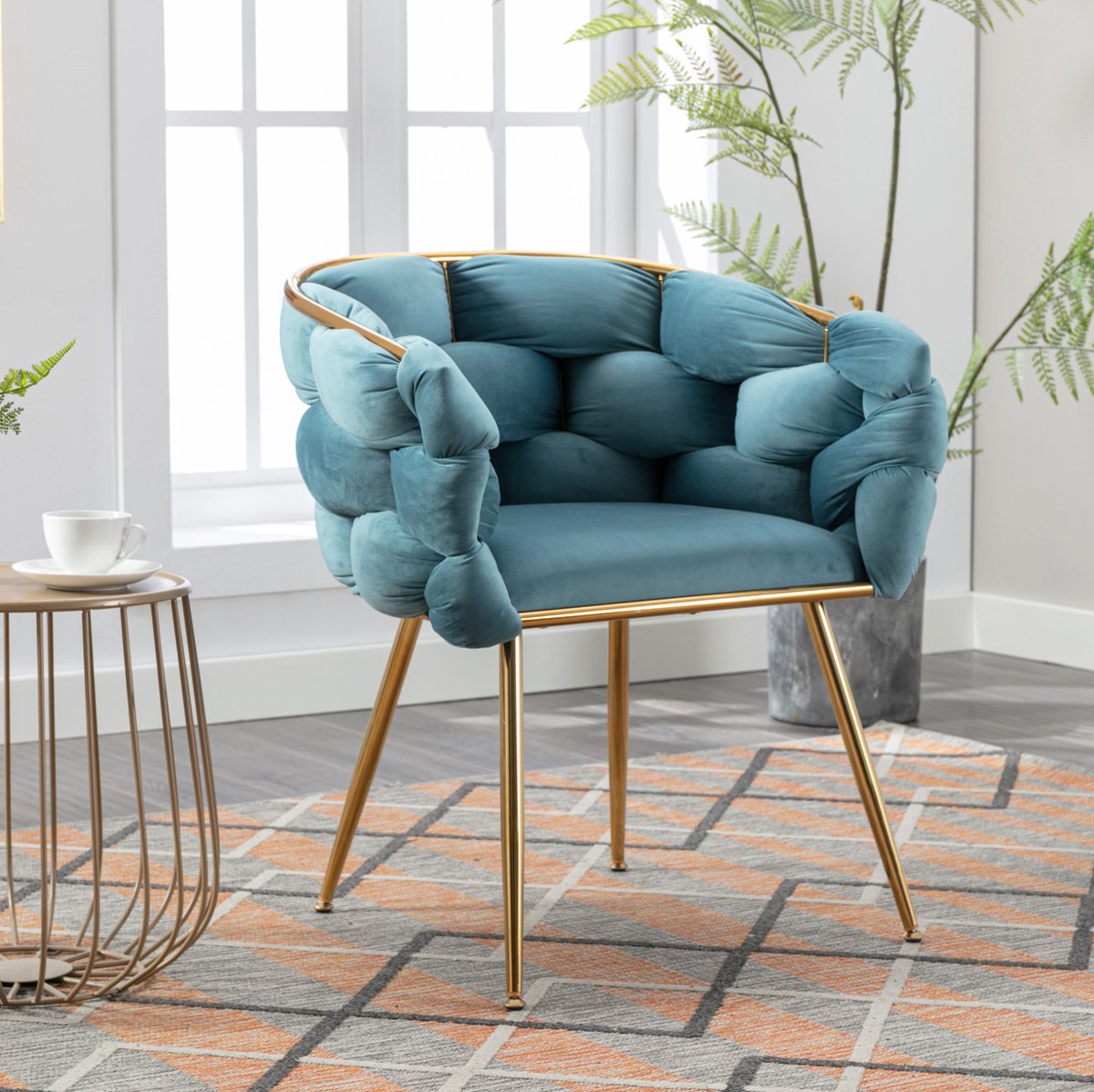 FloraGrace Fauteuil 1-Zits - Luxe Fluwelen Accentstoel Met Armleuningen En Gouden Metalen Poten - Voor Woonkamer, Slaapkamer En Kaptafelhoek - Blauw