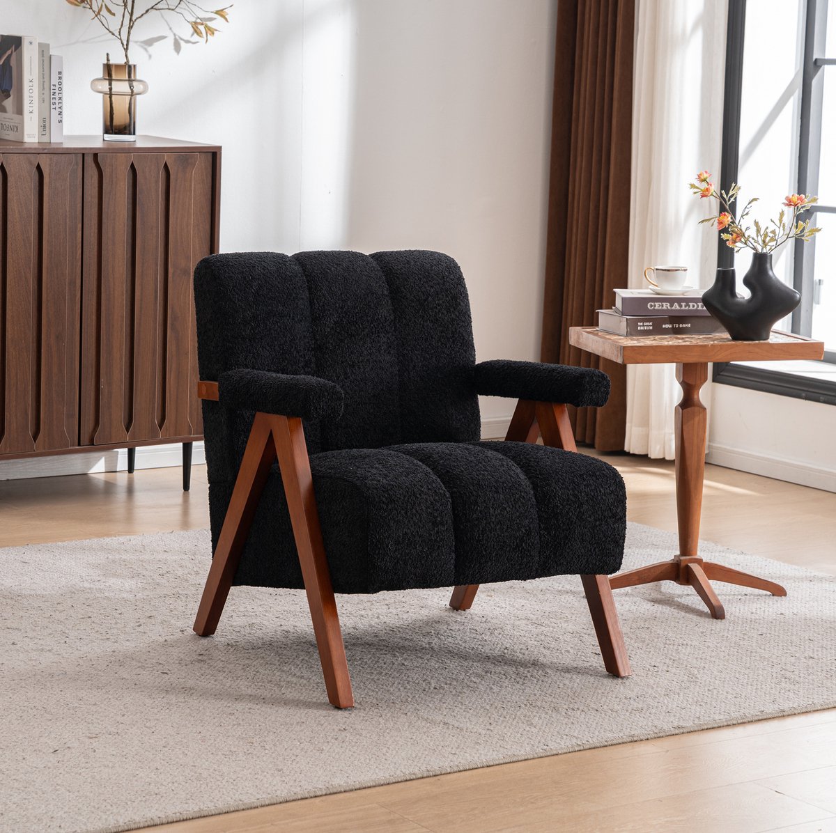 FloraGrace Fauteuil Zwart 77 Cm - Bouclé Met Armleuningen En Houten Eiken Frame - Voor Woonkamer En Leeshoek - Stof - Zwart