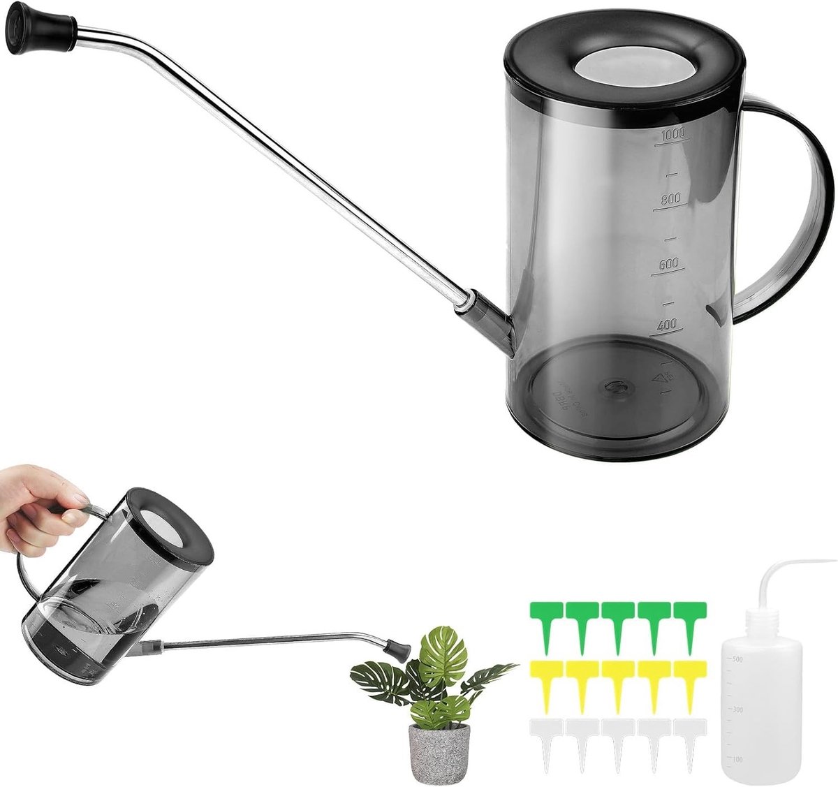 Grijze plantengieter met lange uitloop voor kamerplanten.