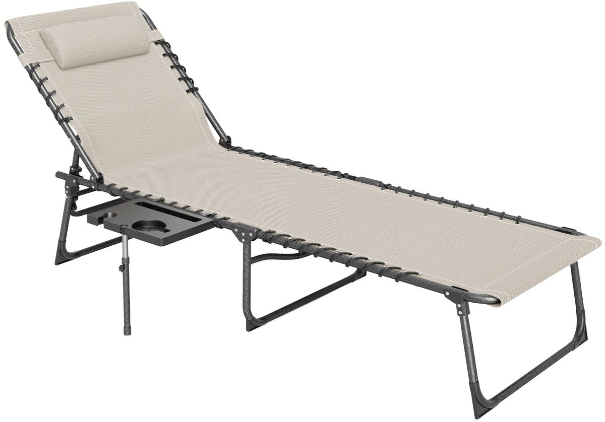 Archi Opklapbaar Ligbed - Ligstoel met Hoofdkussen, Zijtafel & Opbergvak - Verstelbare Rugleuning - 190x60 cm - Licht Grijs