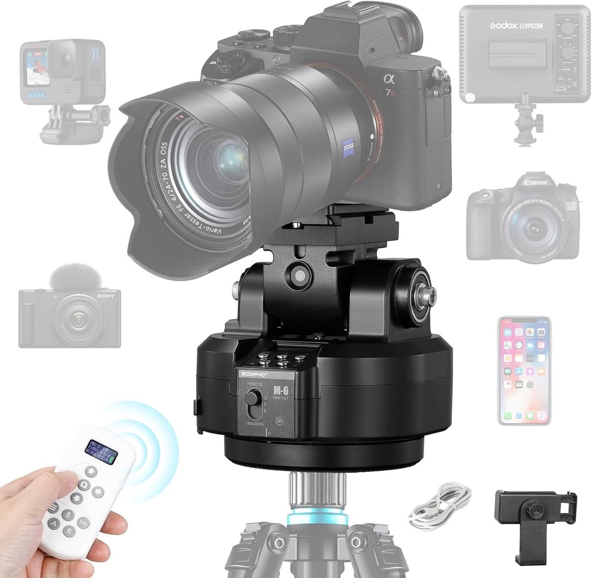 Motorized 360° Verstelbare Elektrische Panoramakop met Afstandsbediening, Telefoonhouder en AI Gezichtsdetectie voor DSLR en Mobiele Telefoons