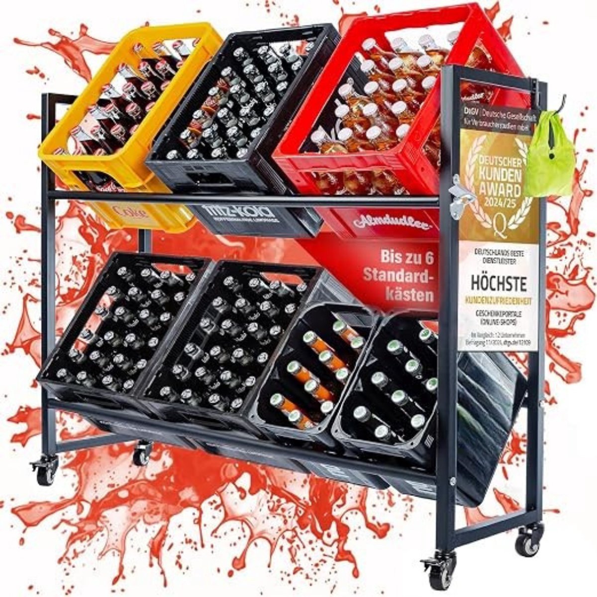 Verte Krattenrek - Drankkrattenrek op Wieltjes - Rek voor 6 Kratten - Metaal - Verplaatsbaar Krattenrek voor Bier - Water en Frisdrank – Stabiel - Snel in Elkaar te Zetten - Geschikt voor Alle Standaardkratten