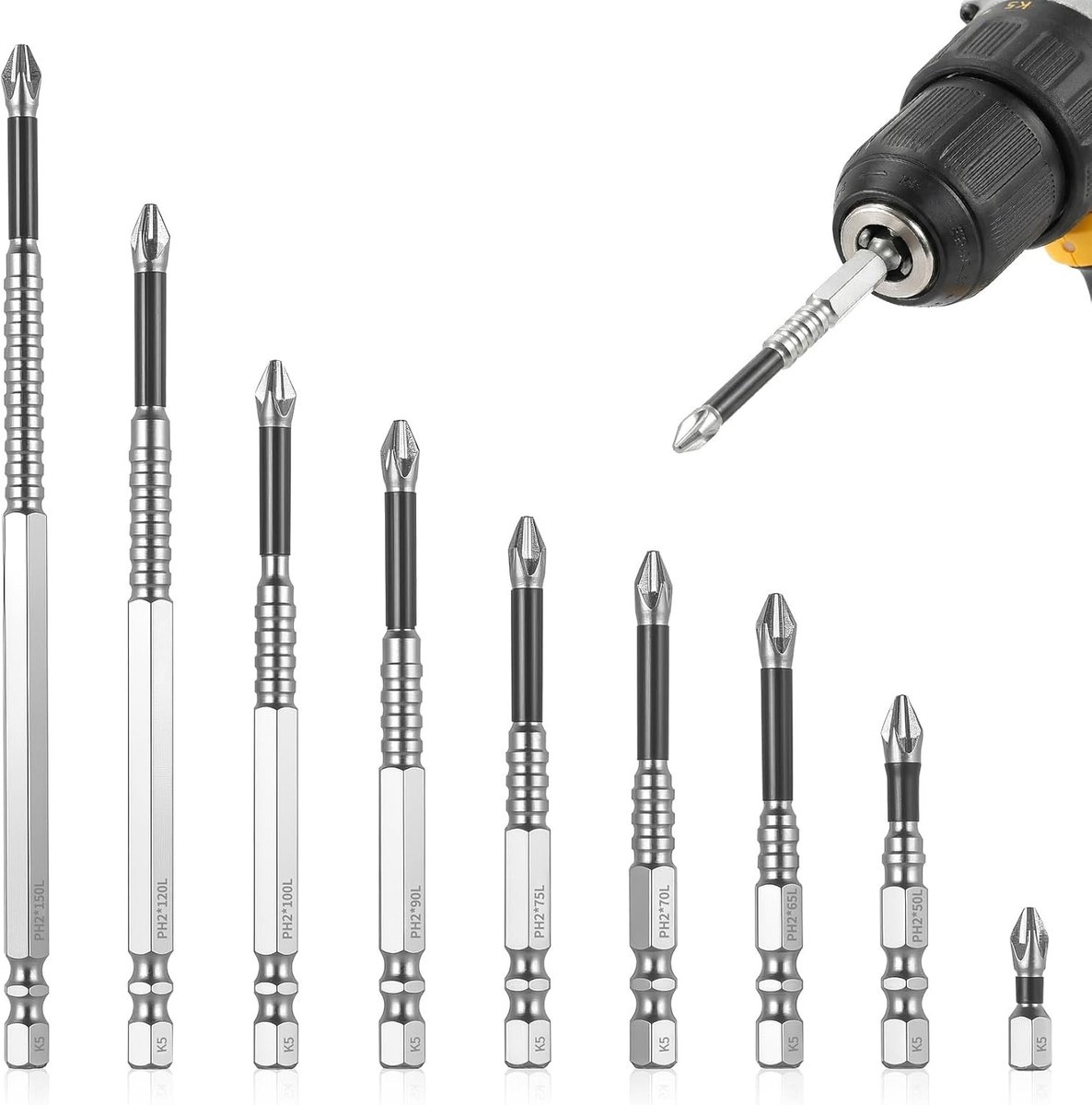 Schroevendraaier Bits - Precisie Bits - Klus Werk - Hoog Magnetisch - 9 Stuks - Zilver