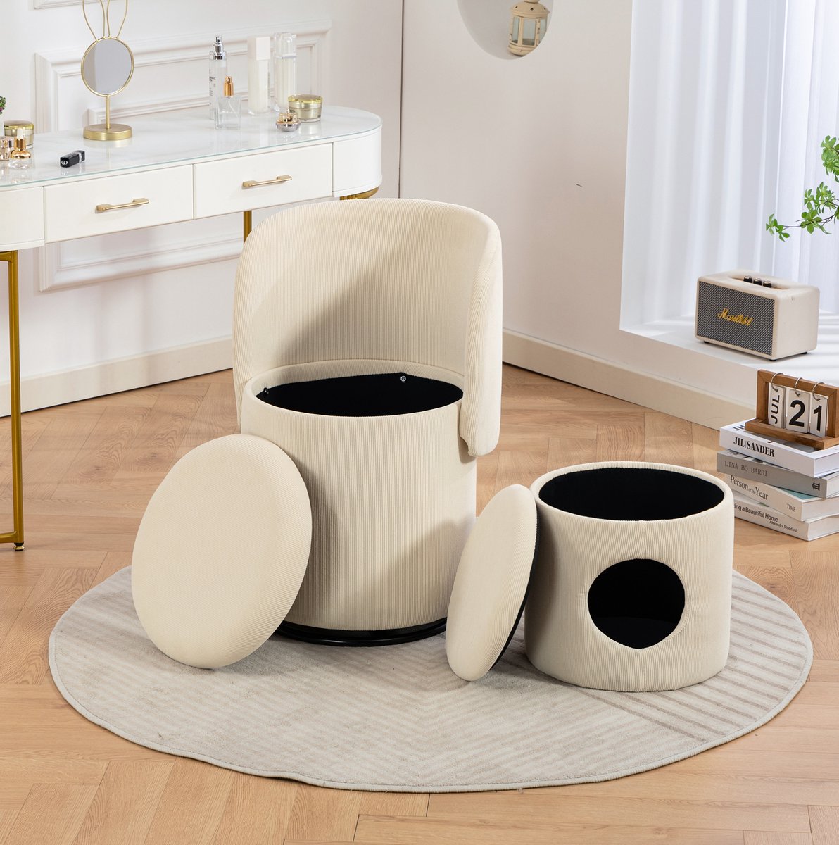 MIVRAY Fauteuil 75 Cm - Draaibare Opberghocker Met Zachte Corduroy Bekleding - Voor Slaapkamer En Eetkamer - Beige