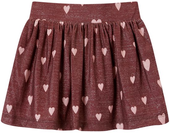 Bordeauxrode rok met glitters en lichtroze hartjesprint. Elastische tailleband.