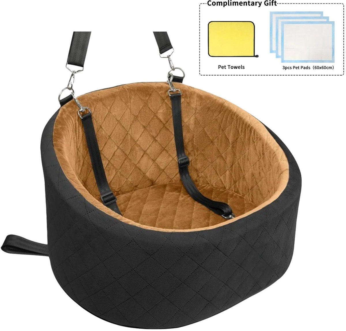 Home & Beyond® Hondenautostoel met Veiligheidslijn - Huisdierstoel en Hondenmand voor de Auto - Zwart en Bruin - 42 x 34 x 32 cm