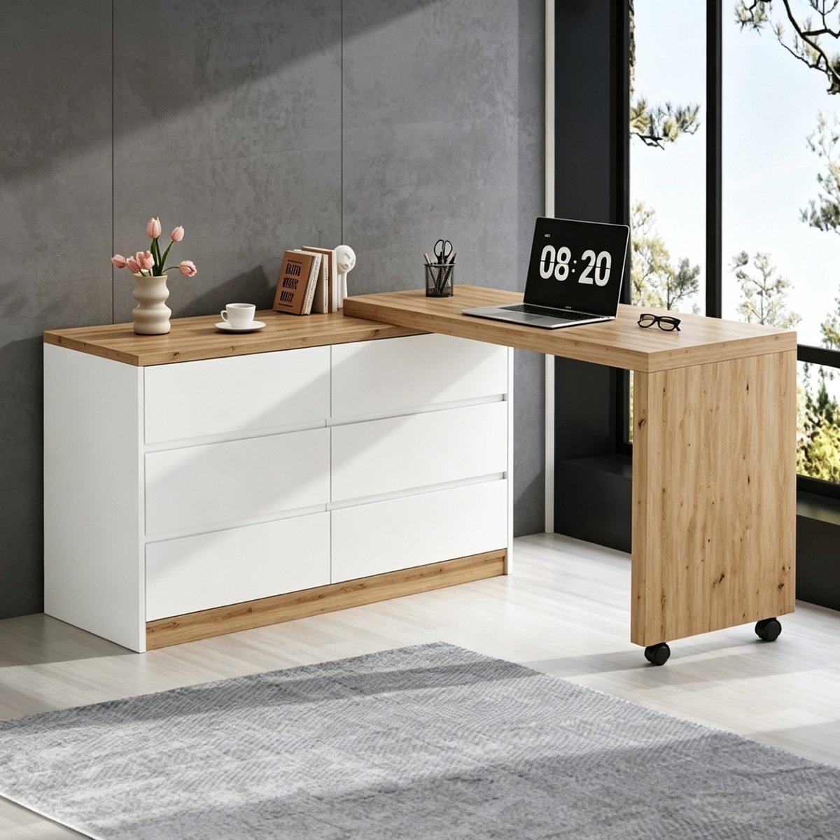 Wishdor - Bureau - Draaibaar 2-in-1 ontwerp - 6 laden en vergrendelbare wielen - Scandinavisch - Homeoffice en slaapkamer - Houtlook - Eiken en wit - 120 x 50 x 78 cm