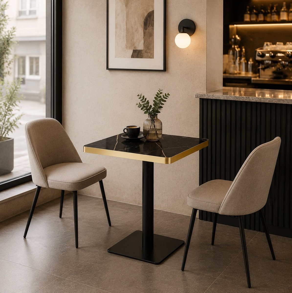 Wishdor - Eettafel - Vierkant 60x60 cm - Marmerlook tafelblad met metalen onderstel - Modern - Voor eetkamer, keuken of koffiehoek - Houtlook - Zwart