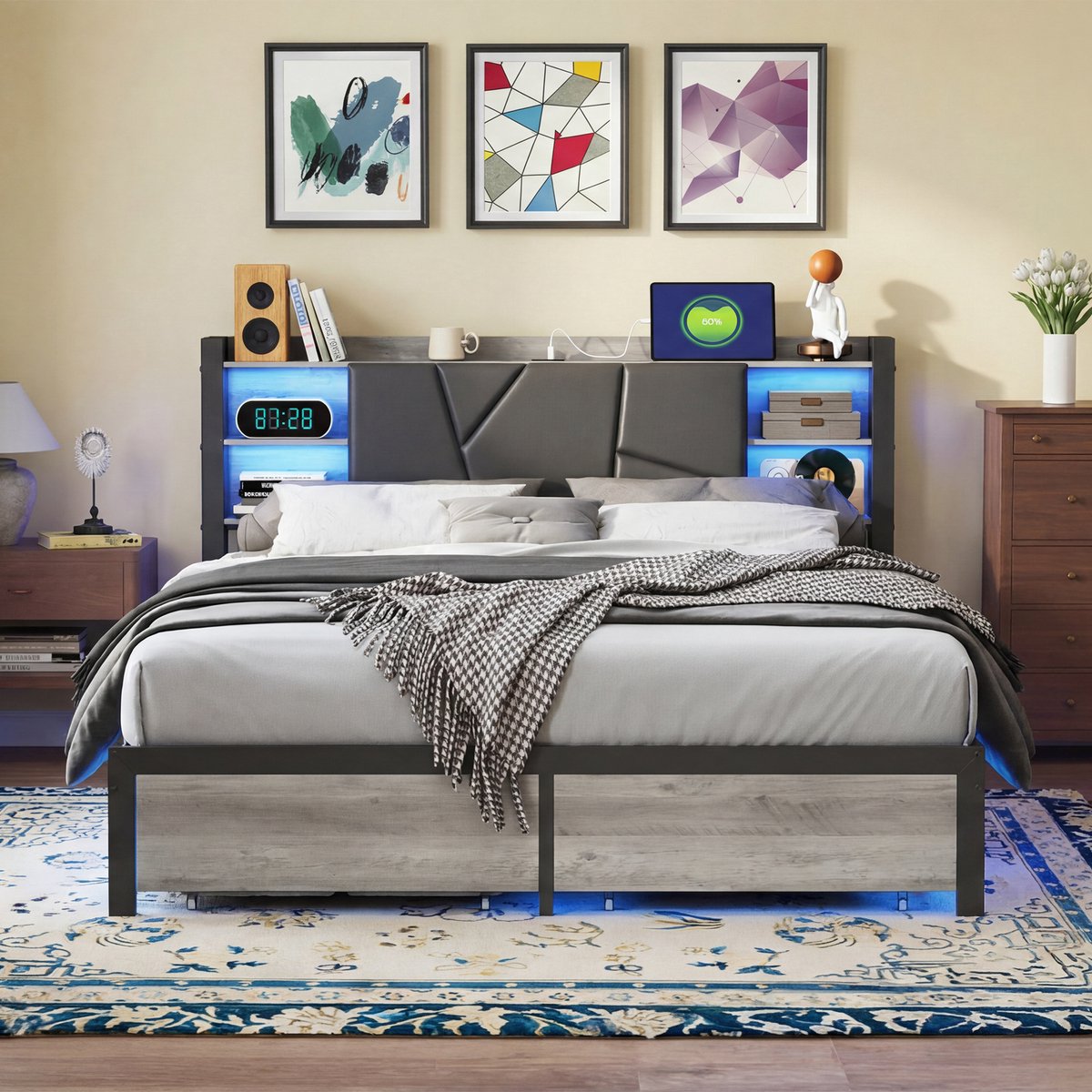 Tweepersoonsbed 140x200 cm met led verlichting, 2 persoonsbed met hoofdbord en opbergruimte, bedframe met stopcontact en 2 laden van pu, zwart bed zonder matras