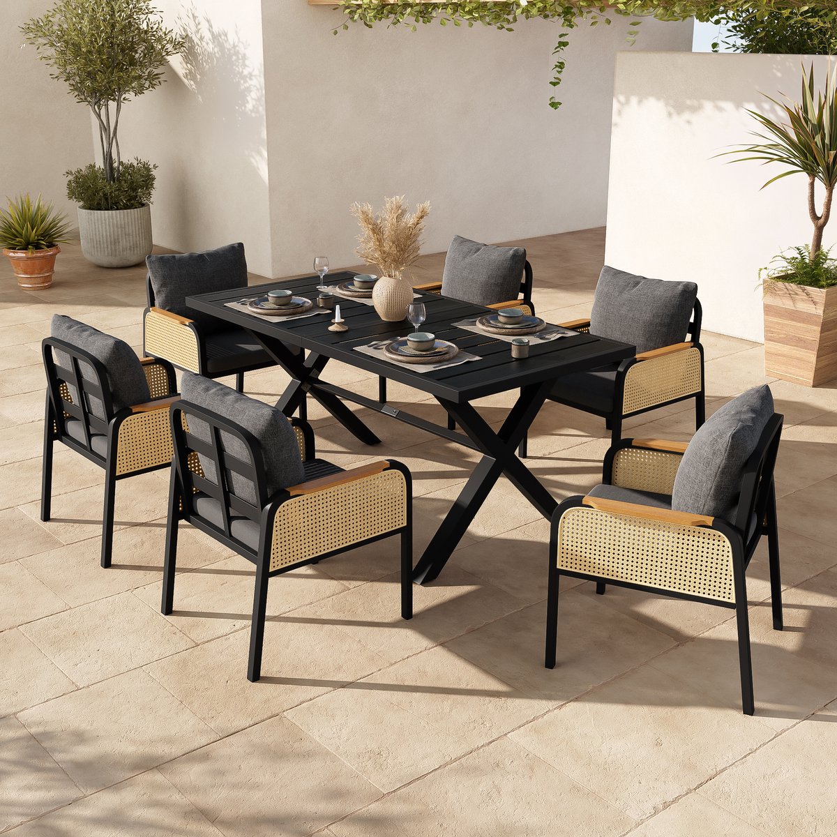 Tuinset 6 Personen - Tuinstoelen Met Tafel - PE Rotan Armleuningen - Zwart Naturel