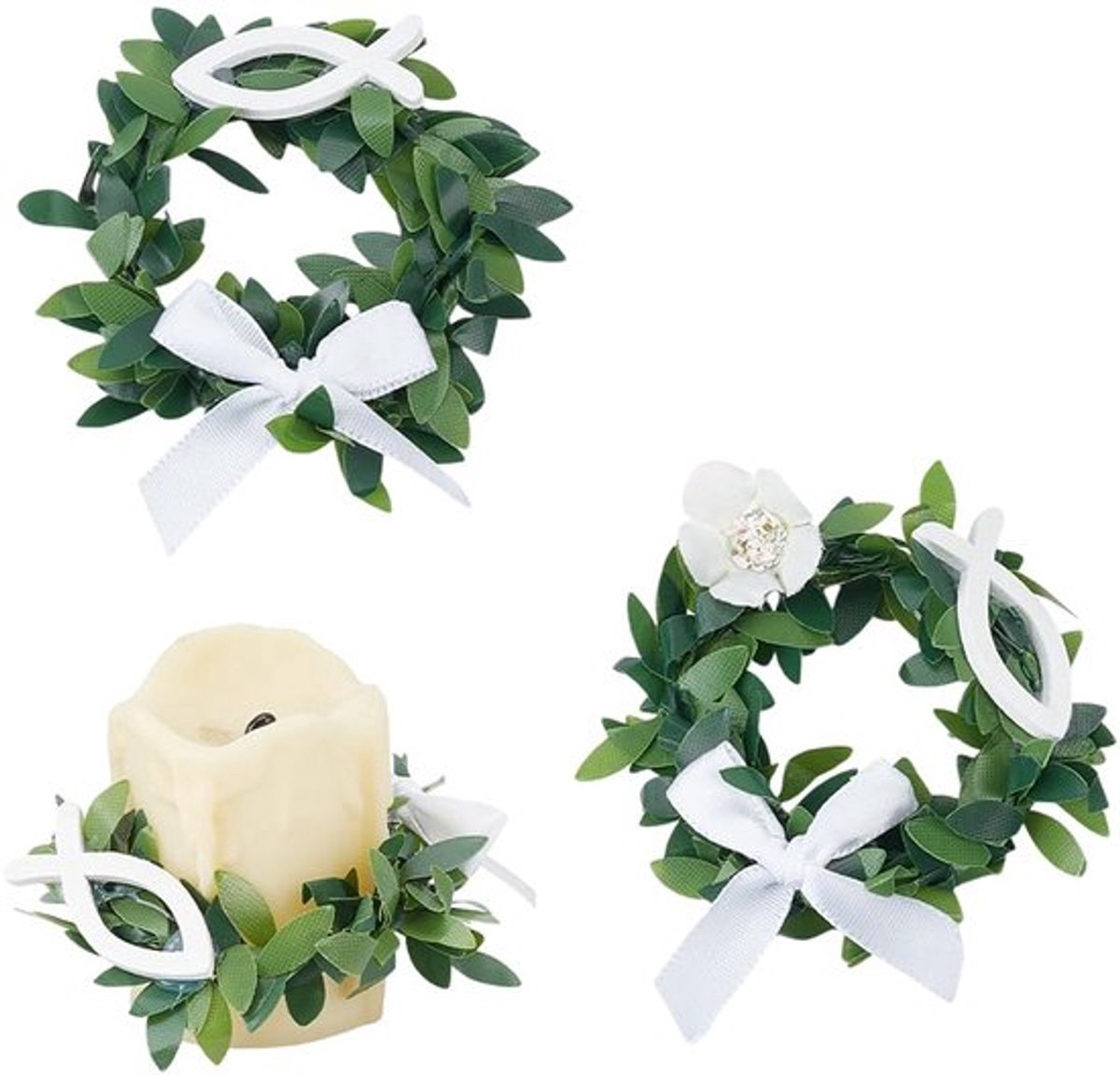 2 stuks kaarsenringen, kunstmatige bladkaarsringen, kaarsbladeren, krans, druppelbeschermers voor pilaren, boho-krans, pilaarkaarshouders voor bruiloften, feesten, tafeldecoratie, zeegroen