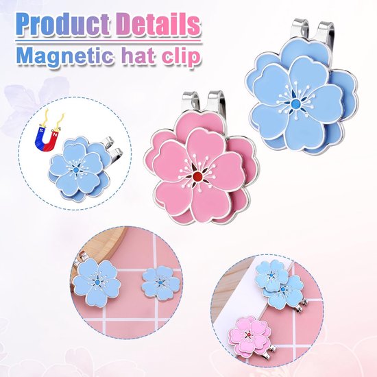 Golfbal Marker - Golf petclip met marker - 2 stuks - Bloemvormige golf accessoire voor op de pet - Magnetische Bevestiging - Blauw Roze — afbeelding 4