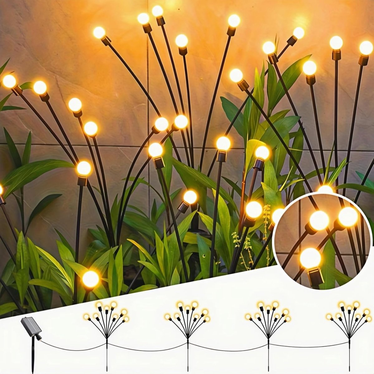 4-delige set - Solar buitenverlichting - 32 LED-lampjes - 8 standen - Vuurvliegjesdesign - Knipperend licht - Geschikt voor tuinen, paden, terrassen en gazons - Warmgeel licht