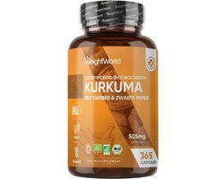 WeightWorld Biologische Kurkuma capsules - Met zwarte peper en gember - 505 mg - 365 capsules voor 1 jaar voorraad - Gemaakt in de EU