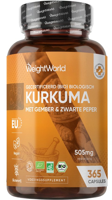 Fles biologische kurkuma capsules met gember en zwarte peper, 505 mg, 365 capsules.