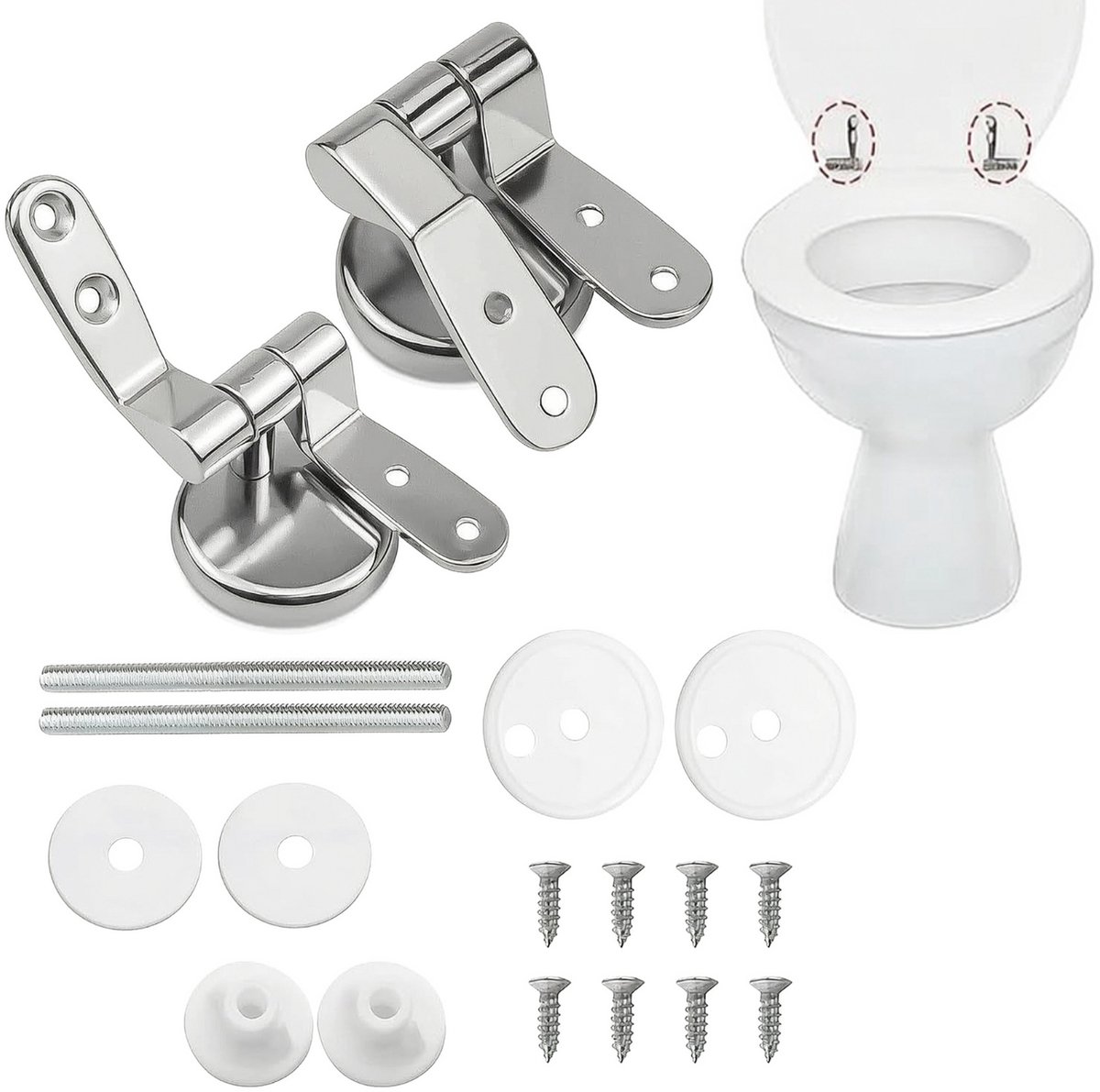 2-delige toiletbril scharnierset – vervangingsscharnieren voor toiletbril – zinklegering – roestvrij – universeel voor MDF, hout en kunststof