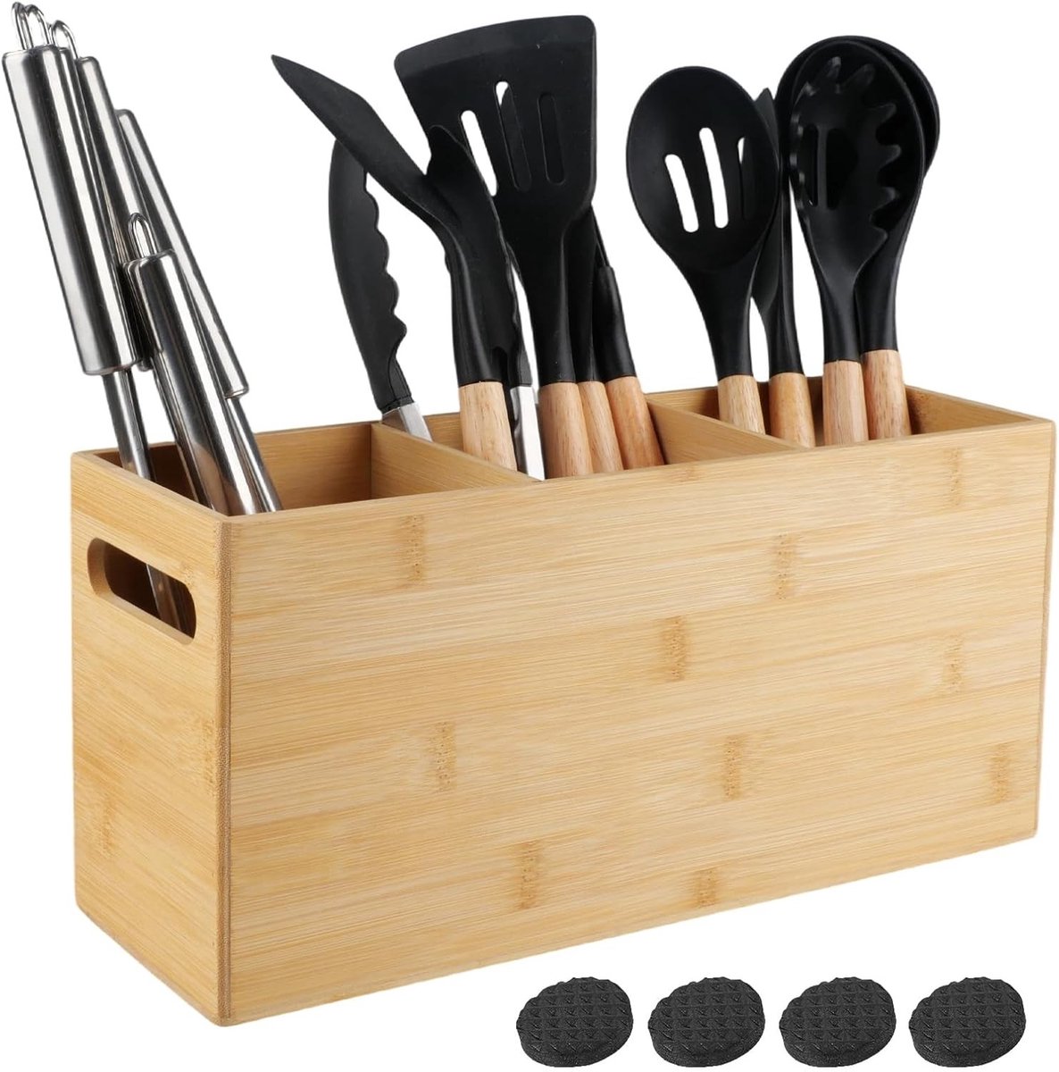 Grote houten keukengereedschap houder met 3 compartimenten, ideaal voor keukenorganisatie, buitenkoken en decoratie