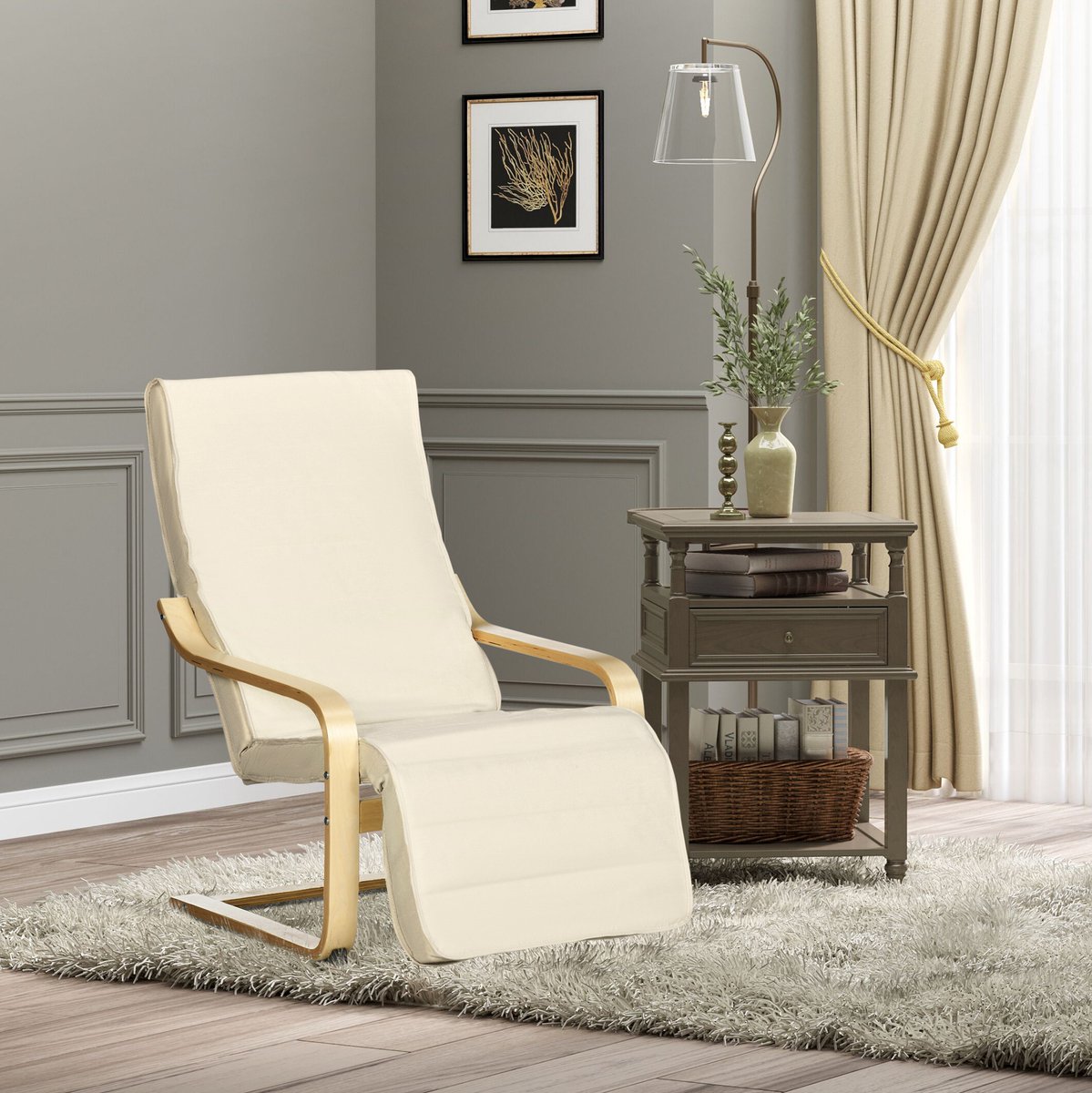 OKWISH Relaxfauteuil 66,5 x 94 x 100 cm - 5 Standen Verstelbare Voetensteun - Voor Woonkamer of Slaapkamer - Hout en Stof - Crèmewit