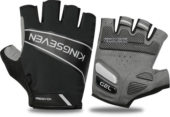 Gants de cyclisme Kingseven noirs et gris avec accents blancs, rembourrage en gel et détails réfléchissants. Gant gauche avec logo "KINGSEVEN".