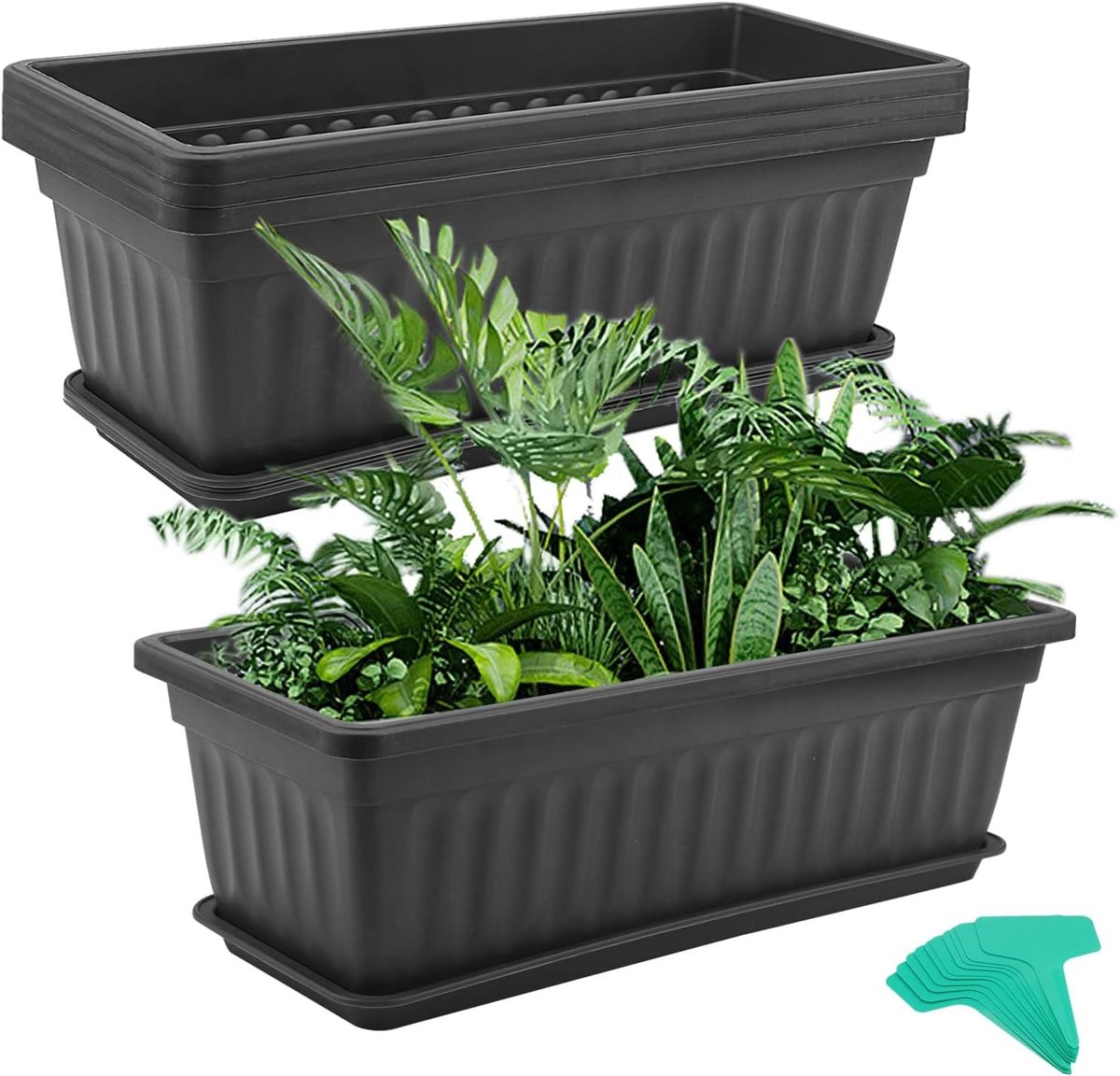 4-delige 45cm Rechthoekige Raam Bloembakken, Zwarte Plastic Raamdoos met Ondertassen en Plantlabels, Ideaal voor Groenten en Bloemen in de Vensterbank