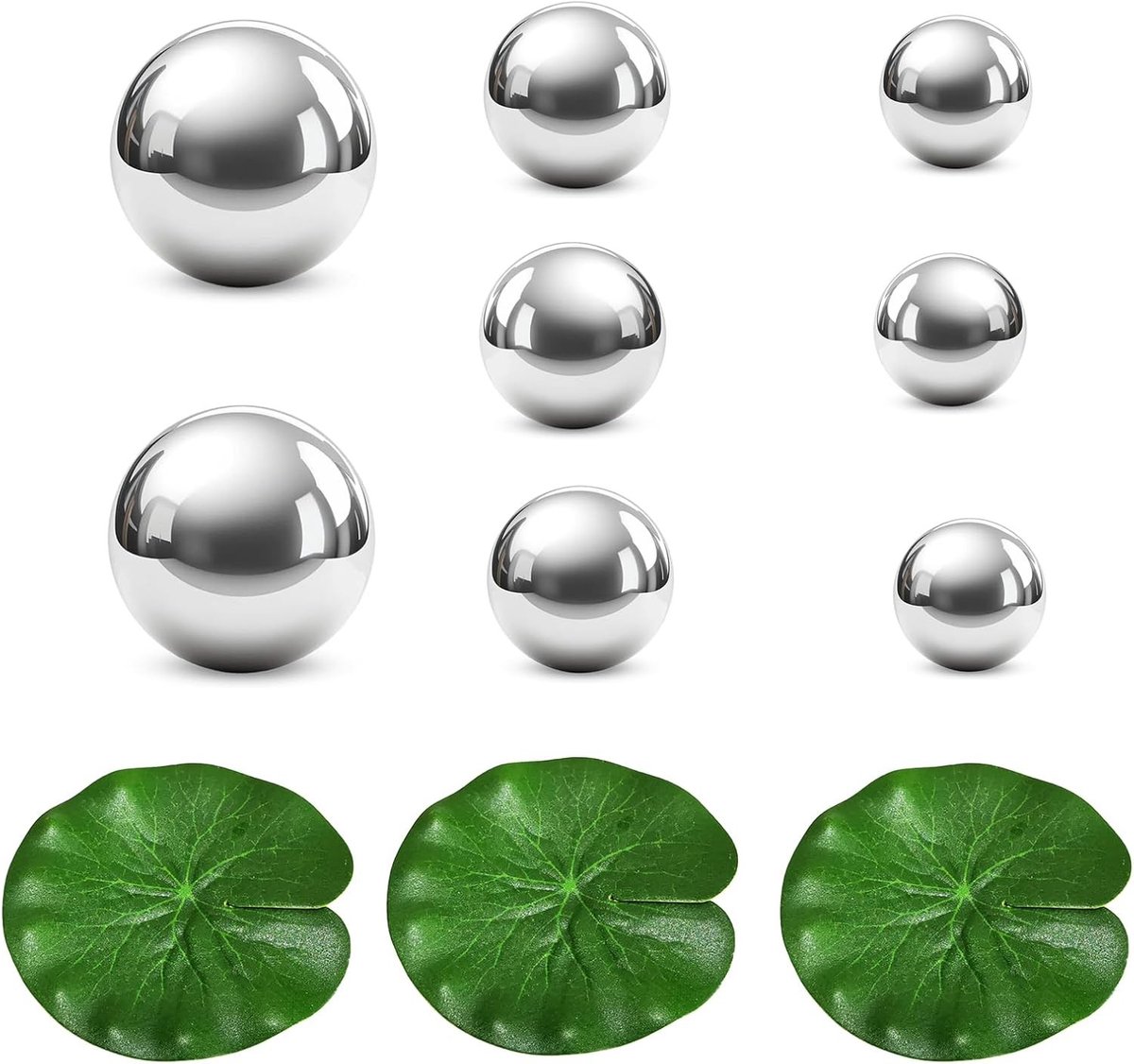Decoratieve Set van 8 RVS Bollen met Spiegelfinish en Drijvende Lotusbladeren voor Tuin en Mini Vijver - 2,5cm tot 6cm Grootte
