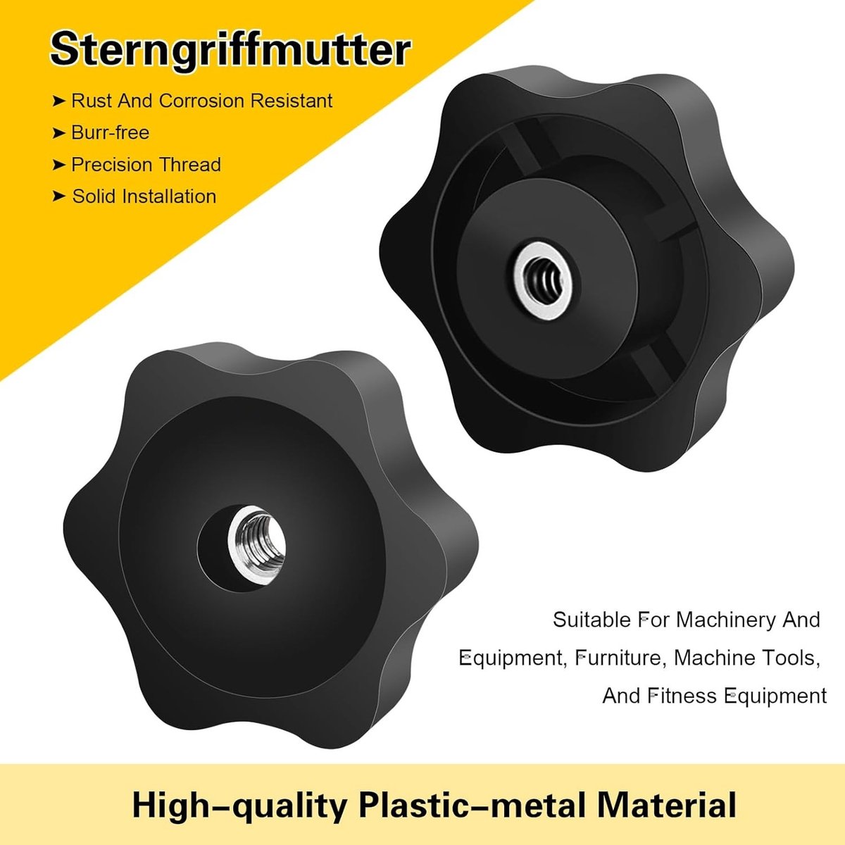M10 Vleugelmoeren Set van 8 Stuks, 48 mm Buiten Diameter, Zwarte Knopvormige Moeren voor Machines, Meubels en Gereedschap