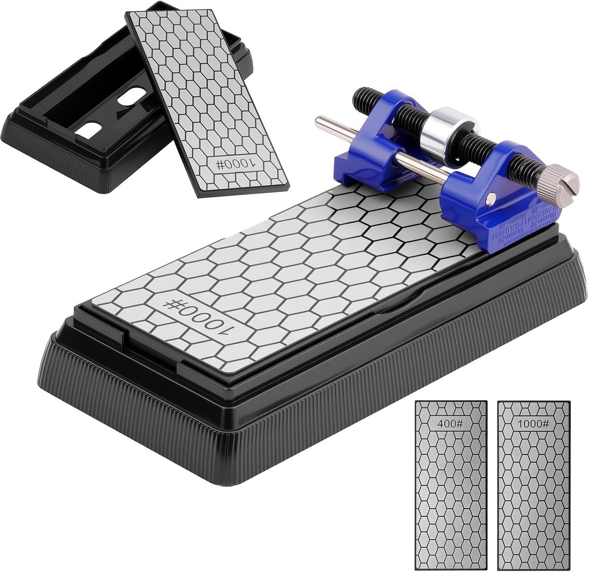 Diamant Slijpsteen voor het Scherpen van Honingraat Messen, 400/1000 Korrel, met Antislip Basis en Hoekgeleider voor Keuken- en Tuingereedschap
