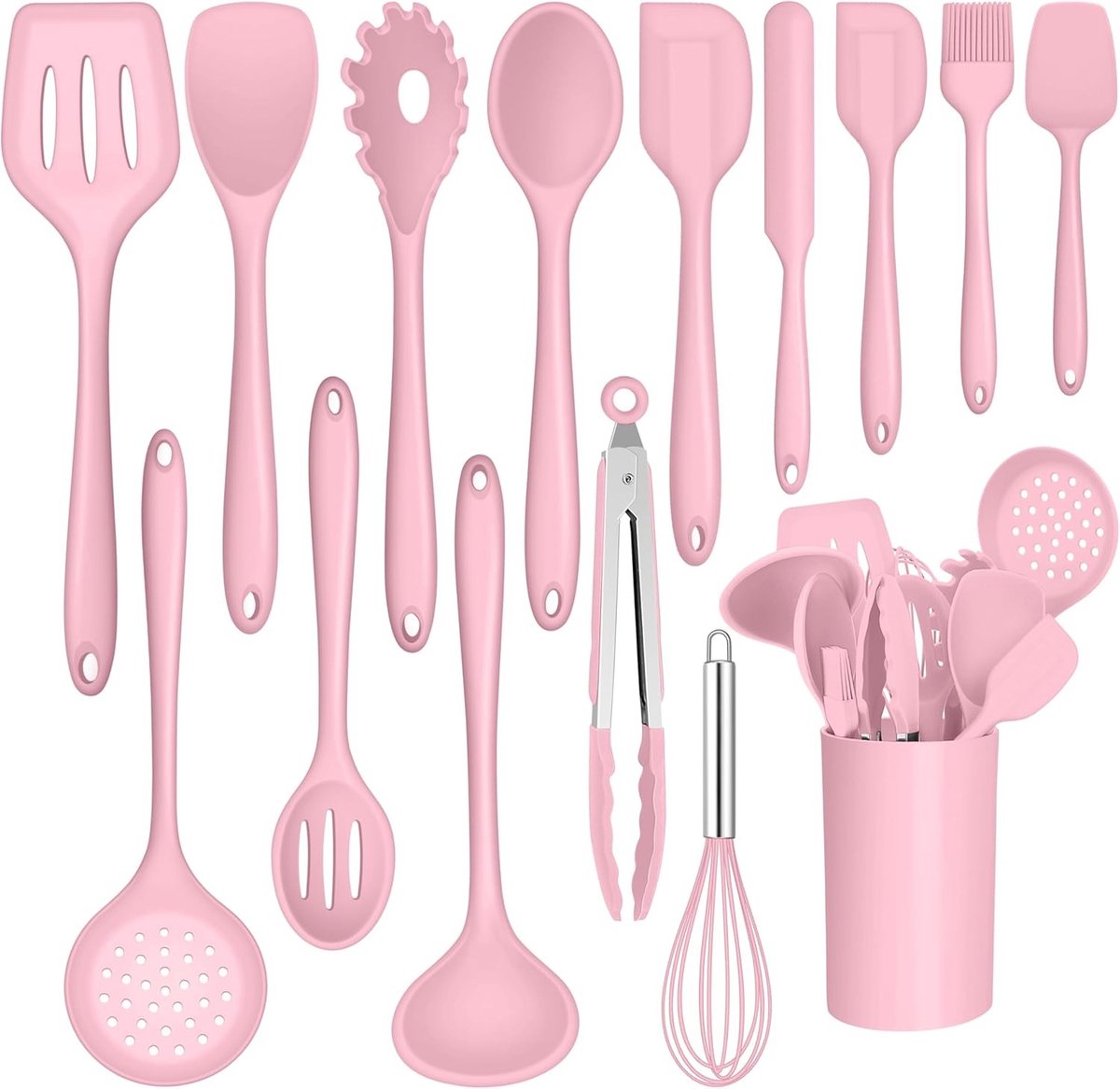 15-delige Silicone Kookset met Keukengerei Houder, Hittebestendig, Antiaanbaklaag en Vaatwasserbestendig, Roze Kleur