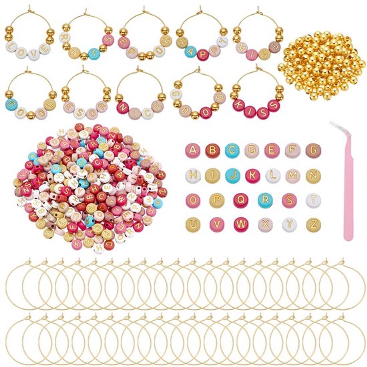 Set van 60 doe-het-zelf wijnglashangers, knutselset, drinkkanhangers, knutselbenodigdheden, met 60 messing ringen, 120 ijzeren afstandsparels, 300 ondoorzichtige acryl letterkralen