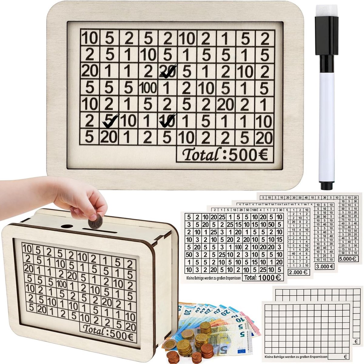 Houten Spaarvarken met Geldbox, Retro Spaarvarken met Cijfers, Herbruikbaar Spaarvarken voor Kinderen met Doelstickers en Spaarbedragen