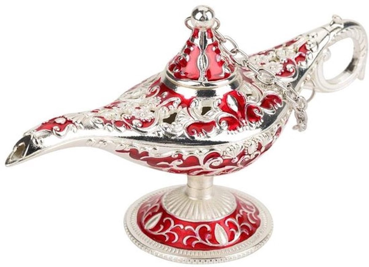 Aladdinlamp, metalen, holle legendarische lamp, holle Aladdin magische geestlamp, wenspot, decoratie (zilveren rand, rood)