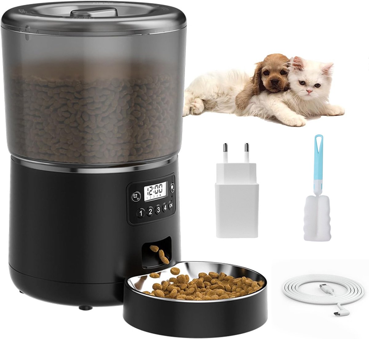 Automatische kattenvoerbak - 4 liter - Met Europese stekker + reinigingsborstel - Afneembaar - Automatische voerbak voor katten, honden en konijnen - Kattenvoerdispenser - Voerdispenser voor huisdieren - Met timer en automatische dosering - Zwart