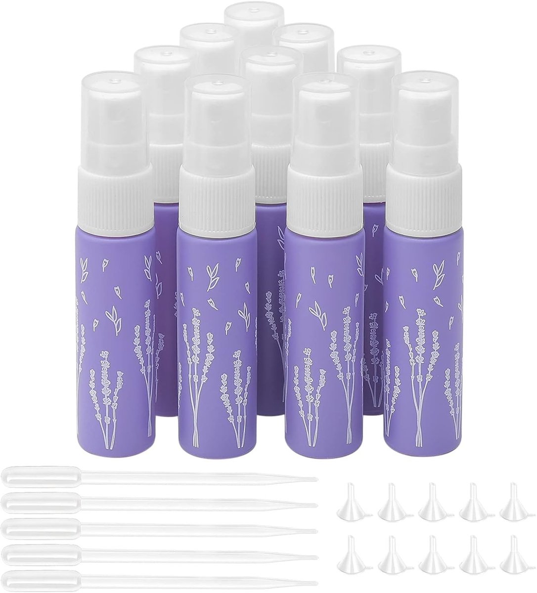 10 Stuks 10ml Paarse Geurflessen, Herbruikbare Sprayflessen voor Reizen, Ideaal voor Waterbasis Vloeistoffen met 10 Trechters en 5 Extra Accessoires