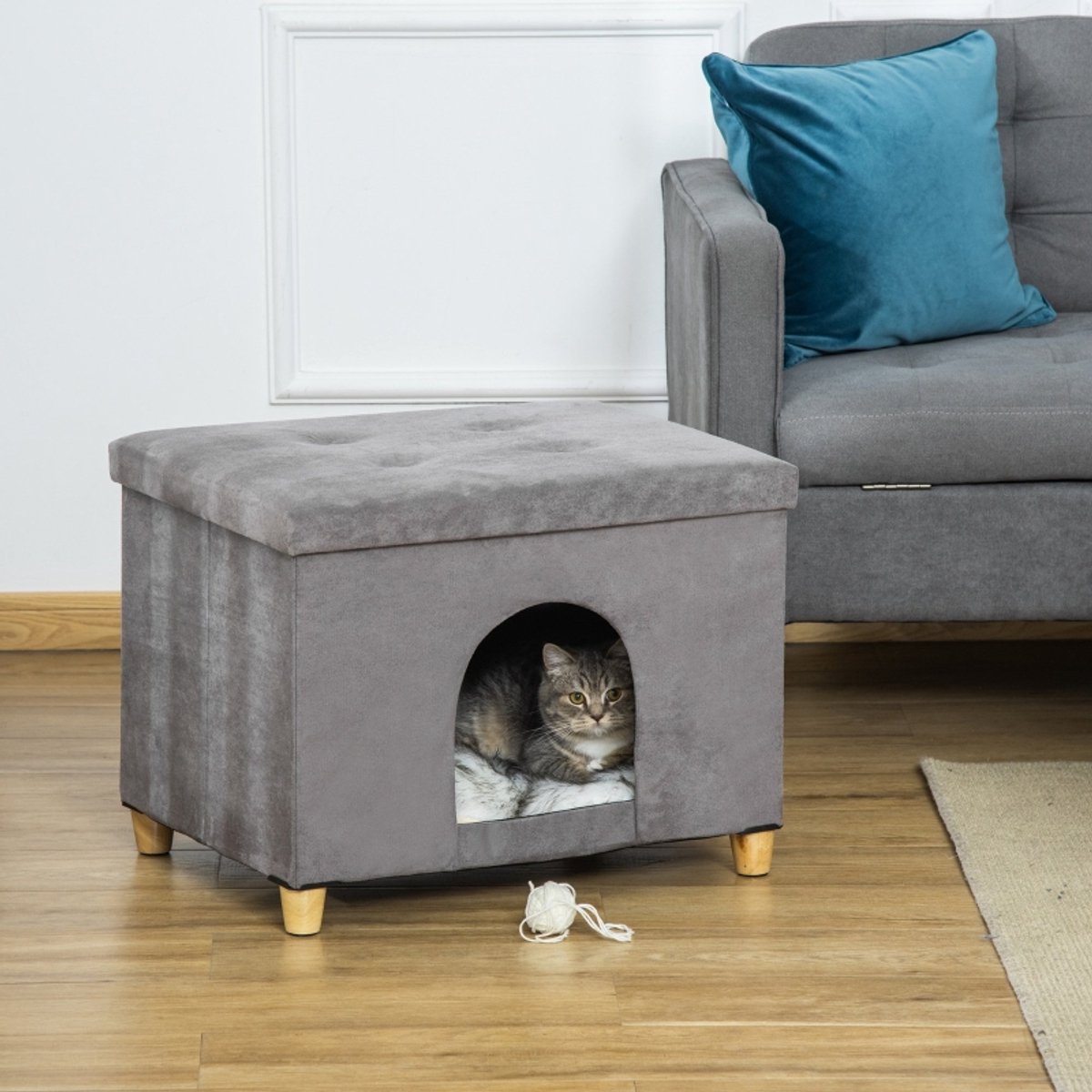 HAUSS SPOLE Kattenhuis Voetkruk - 2 In 1 Met Kussen - Zachte Kattenmand Voor Binnen - Hocker Van MDF En Pluche - Grijs