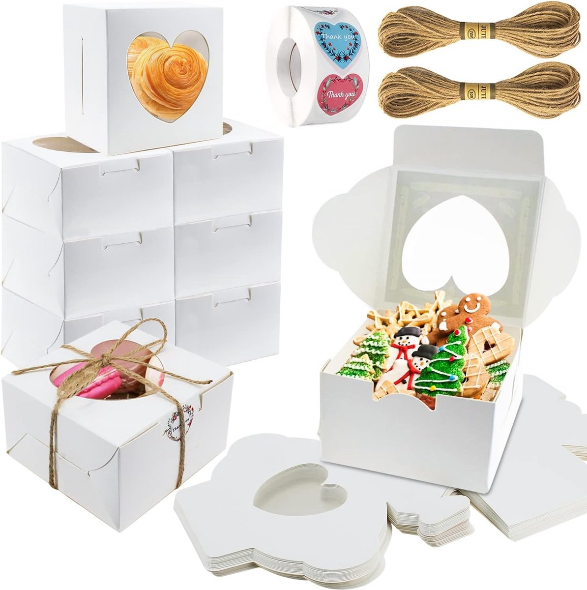 Kraft Papieren Cupcake Dozen met Kijkvenster, Set van 24 voor Taart, Koekjes en Desserts met Stickers en Touw