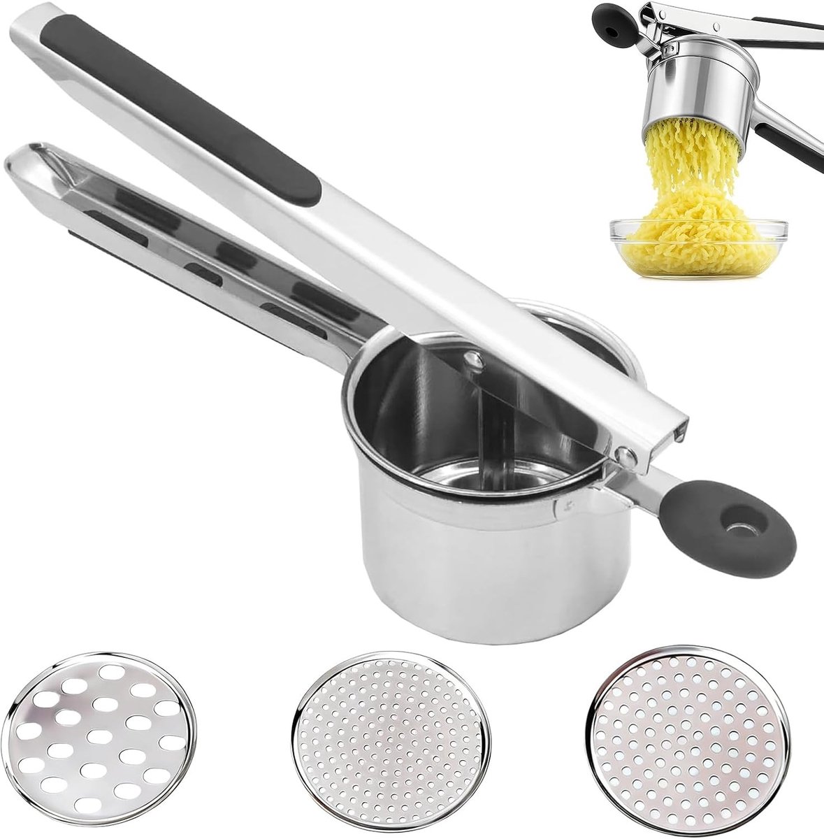 Duurzame Aardappelpers met 3 Verwisselbare Schijven voor Fijne Aardappelpuree en Spätzle, Roestvrij Staal en Eenvoudig in Gebruik