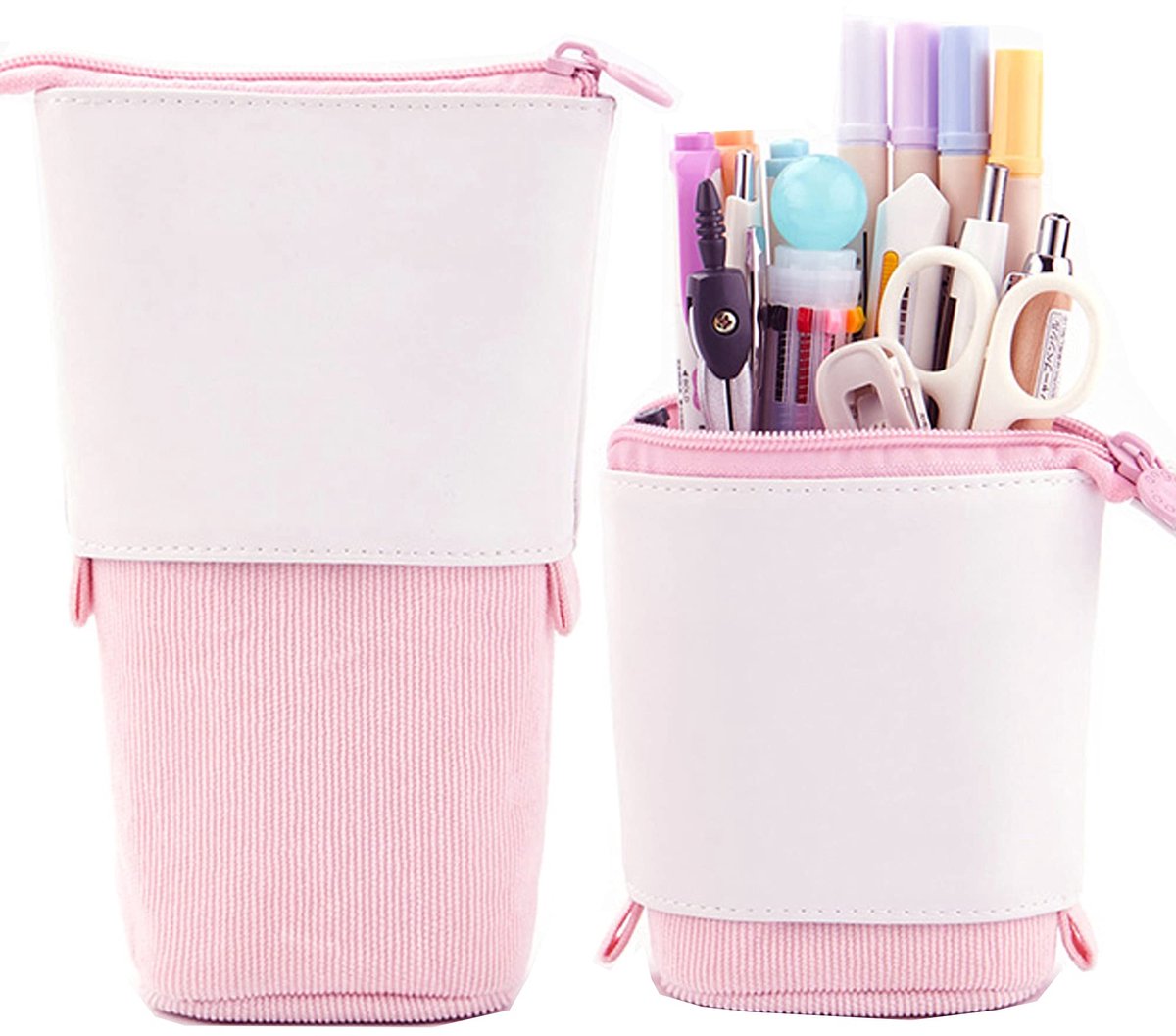 Telescopische Pennenzak Roze – Staande Etui met Verstelbare Hoogte – Grote Potlodentas van PU en Corduroy – Multifunctionele Organizer voor School, Kantoor en Make-up Kwasten