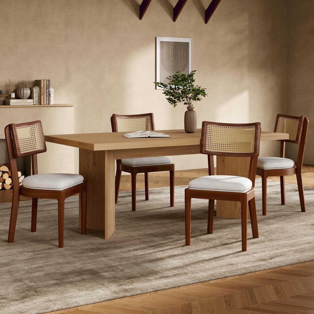 COVREO Eetkamerstoel 50 x 58 x 88 cm - set van 4, houten frame, rotan rugleuning, walnoot